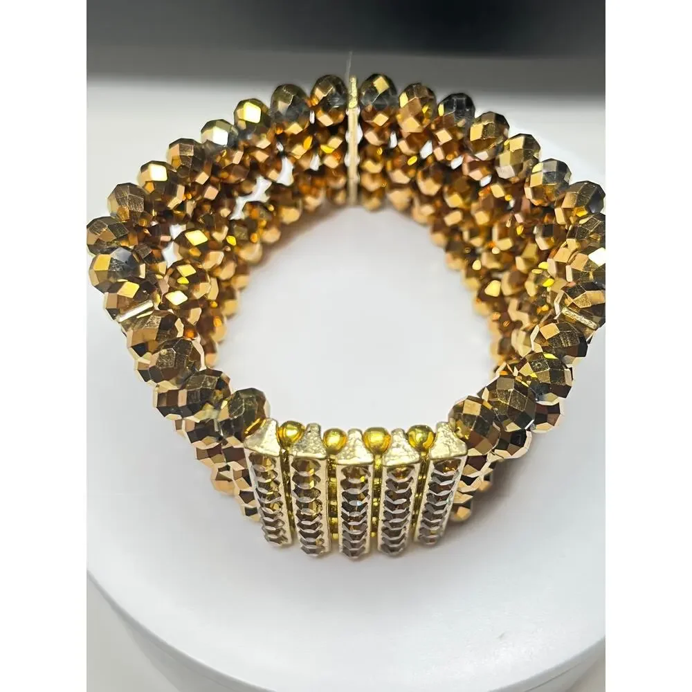 Vintage  Amber Facet Multi-Strand Beaded Stretch Bracelet- Rhinestone Bracelet - Picture 6 of 8